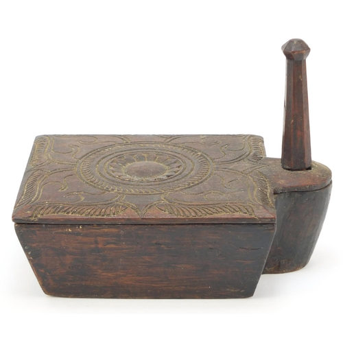 329 - Antique carved wood spice box with sectional interior, 20cm H x 18cm W x 26.5D