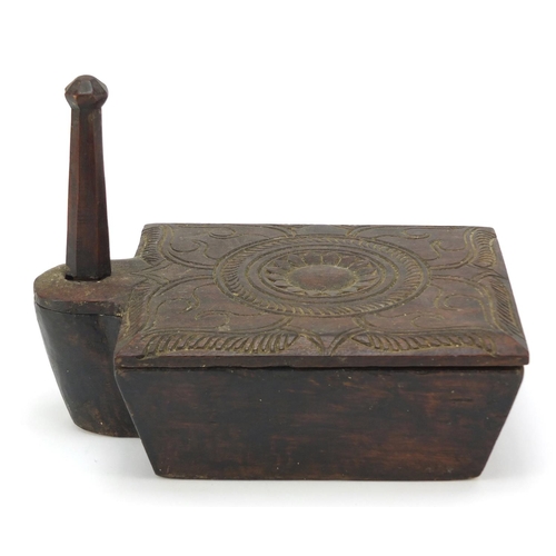 329 - Antique carved wood spice box with sectional interior, 20cm H x 18cm W x 26.5D