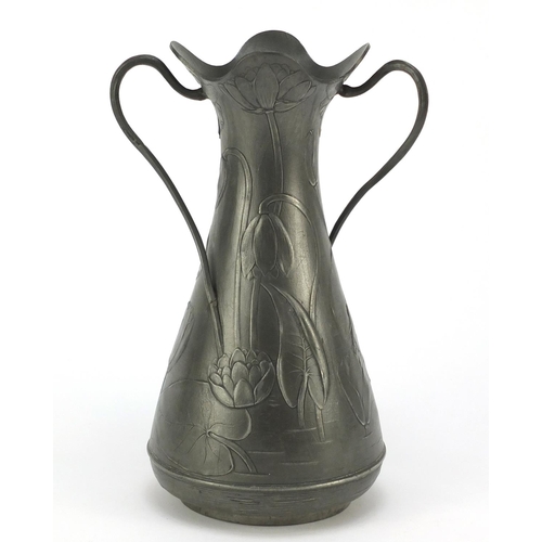 100 - Art Nouveau pewter two handled vase decorated with lilies, 25cm high