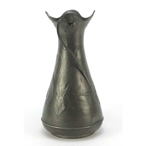 100 - Art Nouveau pewter two handled vase decorated with lilies, 25cm high