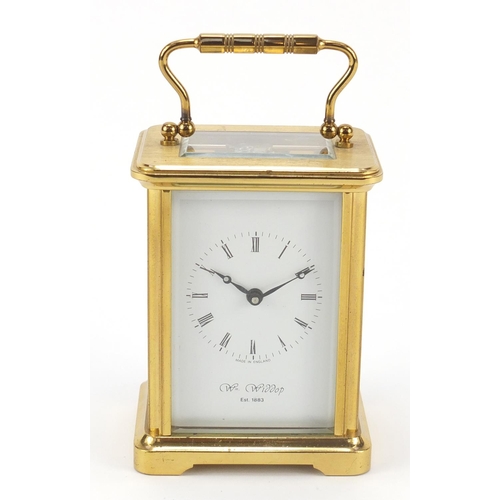 302 - Brass cased carriage clock with Roman numerals by William Widdop, 10.5cm high