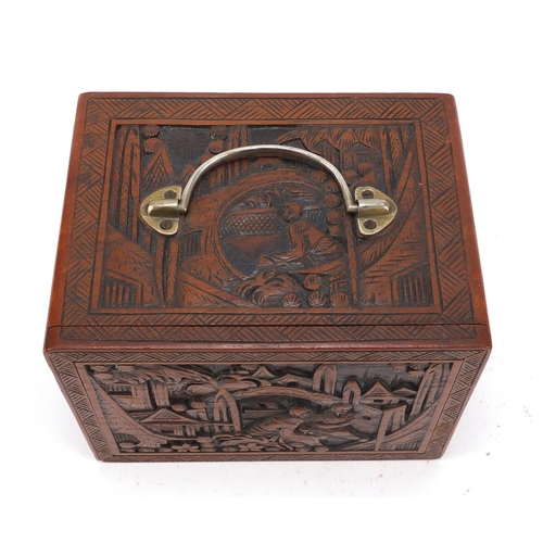 753 - Chinese mahjong set housed in a camphor wood five drawer chest carved with figures, 15.5cm H x 20.5c... 