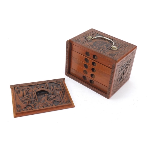 753 - Chinese mahjong set housed in a camphor wood five drawer chest carved with figures, 15.5cm H x 20.5c... 