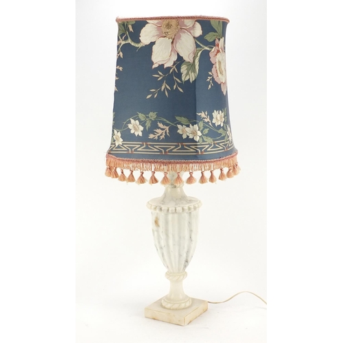 66 - 19th century style carved marble table lamp with shade, overall 72.5cm high