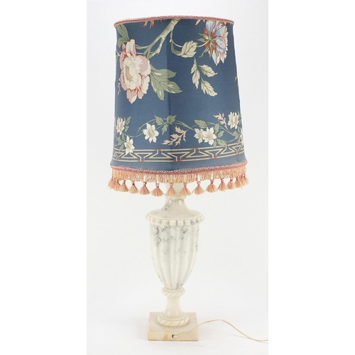 66 - 19th century style carved marble table lamp with shade, overall 72.5cm high