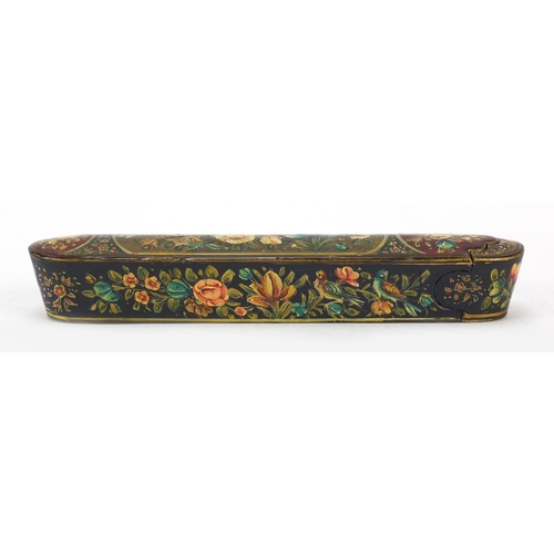 236 - Persian lacquered pen box, hand painted with birds and flowers, 21.5cm in length