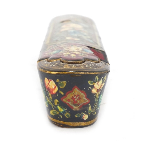 236 - Persian lacquered pen box, hand painted with birds and flowers, 21.5cm in length