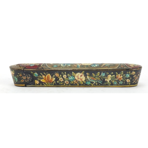 236 - Persian lacquered pen box, hand painted with birds and flowers, 21.5cm in length