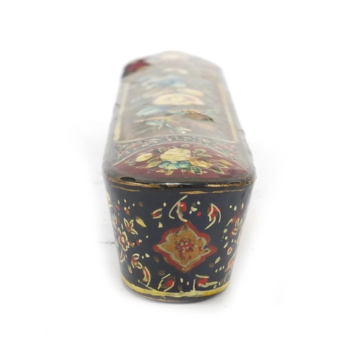 236 - Persian lacquered pen box, hand painted with birds and flowers, 21.5cm in length