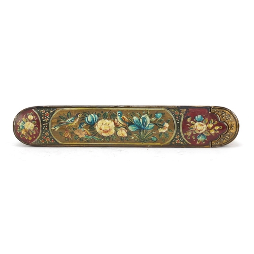 236 - Persian lacquered pen box, hand painted with birds and flowers, 21.5cm in length