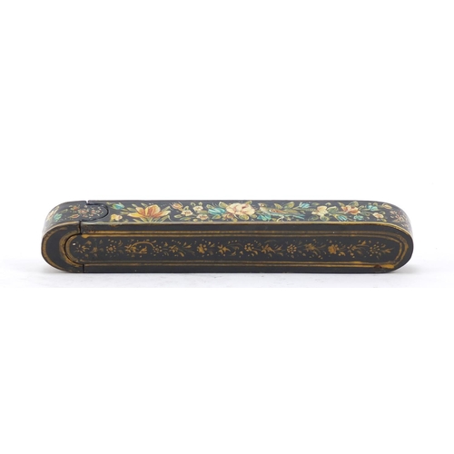 236 - Persian lacquered pen box, hand painted with birds and flowers, 21.5cm in length