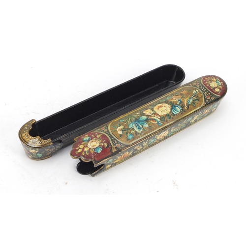 236 - Persian lacquered pen box, hand painted with birds and flowers, 21.5cm in length