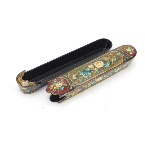 236 - Persian lacquered pen box, hand painted with birds and flowers, 21.5cm in length