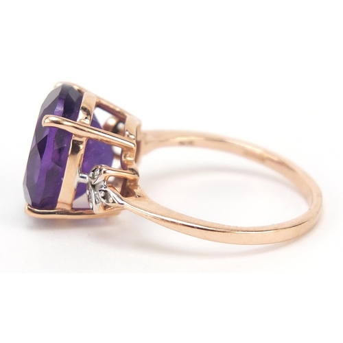 317 - 9ct gold amethyst and diamond ring, size L, 3.0g