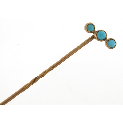 687 - Victorian unmarked gold turquoise tie pin, 6.5cm in length, 1.2g