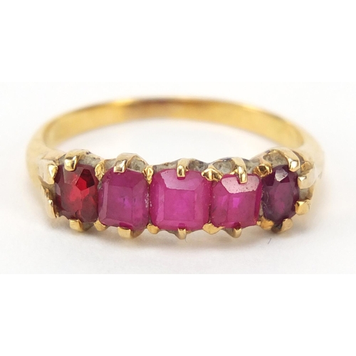 210 - Unmarked gold ruby five stone ring, size M, 3.1g