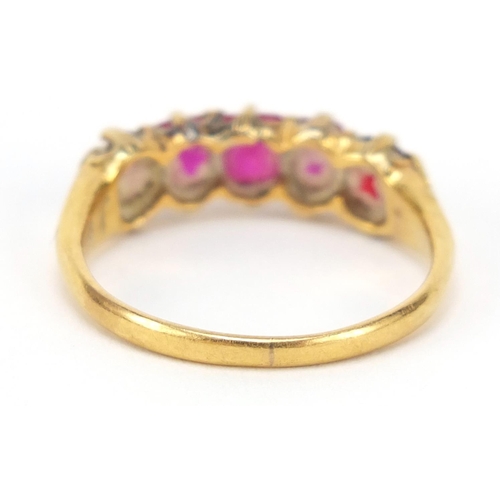 210 - Unmarked gold ruby five stone ring, size M, 3.1g