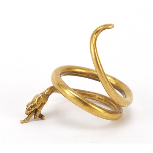 167 - Continental gold serpent ring, (tests as 18ct gold) indistinct impressed marks, size F, 6.6g