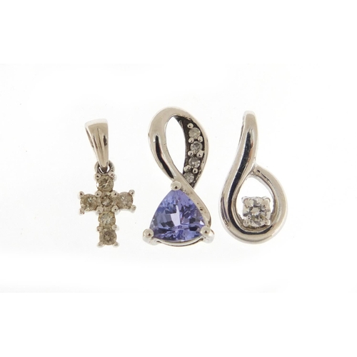 250 - Three 9ct white gold pendants set with stones including amethyst and diamonds, the largest 1.5cm in ... 