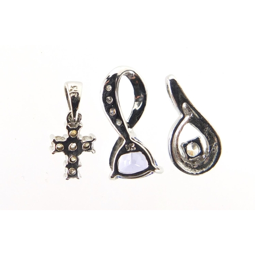 250 - Three 9ct white gold pendants set with stones including amethyst and diamonds, the largest 1.5cm in ... 