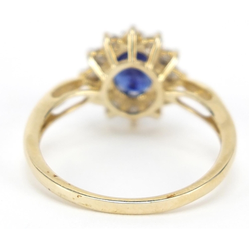 526 - 9ct gold sapphire and diamond ring, size R, 2.4g