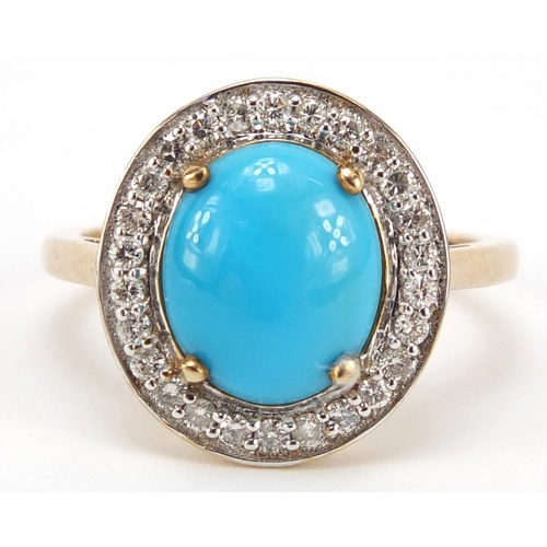 109 - 9ct gold cabochon turquoise and diamond ring, size T, 4.2g