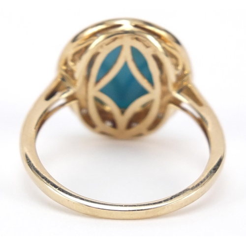 109 - 9ct gold cabochon turquoise and diamond ring, size T, 4.2g