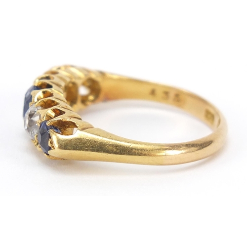 165 - Victorian 18ct gold sapphire and diamond five stone ring, Birmingham 1899, size O, 5.2g