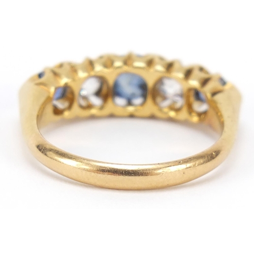 165 - Victorian 18ct gold sapphire and diamond five stone ring, Birmingham 1899, size O, 5.2g