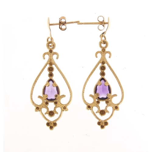 356 - Pair of 9ct gold amethyst drop earrings, 2.7cm in length, 2.2g