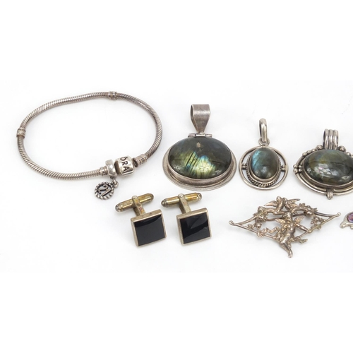 603 - Silver jewellery including semi precious stone pendants, giraffe earrings and cufflinks, 100.8g