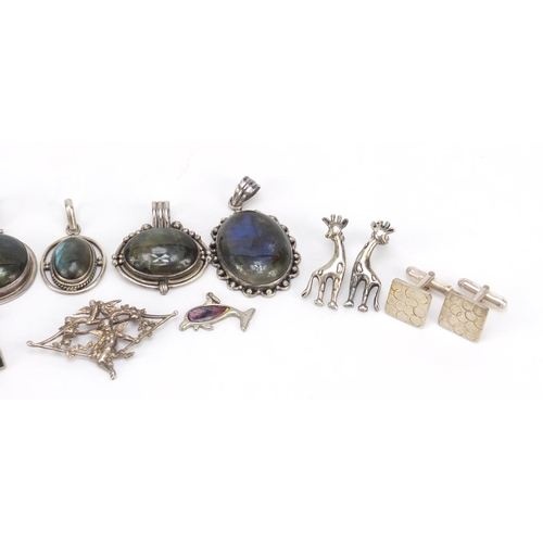 603 - Silver jewellery including semi precious stone pendants, giraffe earrings and cufflinks, 100.8g