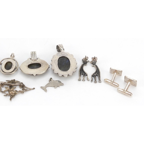 603 - Silver jewellery including semi precious stone pendants, giraffe earrings and cufflinks, 100.8g