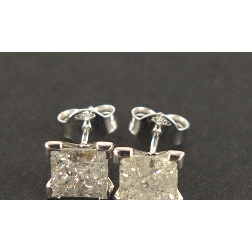 38 - Pair of 18ct white gold princess cut diamond stud earrings, approximately 3 carats in total, 2.0g