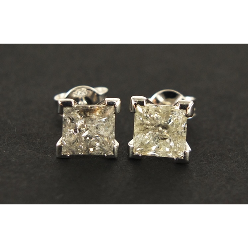38 - Pair of 18ct white gold princess cut diamond stud earrings, approximately 3 carats in total, 2.0g
