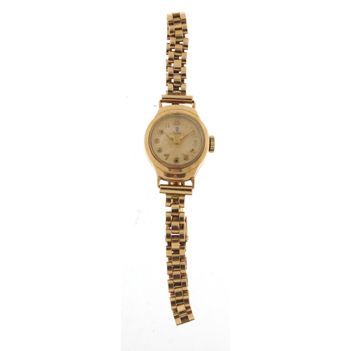 168 - Ladies 9ct gold Tudor (Rolex) wristwatch with 9ct gold strap, box and paperwork, 16mm in diameter, 1... 