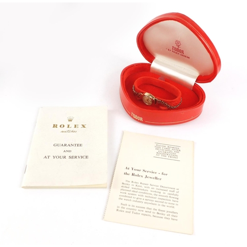 168 - Ladies 9ct gold Tudor (Rolex) wristwatch with 9ct gold strap, box and paperwork, 16mm in diameter, 1... 