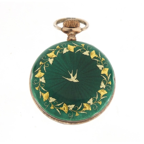 273 - Continental silver and green guilloche enamelled fob watch, import hallmarks London 1908, 28mm in di... 