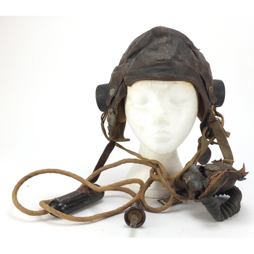 699 - British military World War II leather flying helmet and gas mask with box