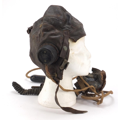 699 - British military World War II leather flying helmet and gas mask with box