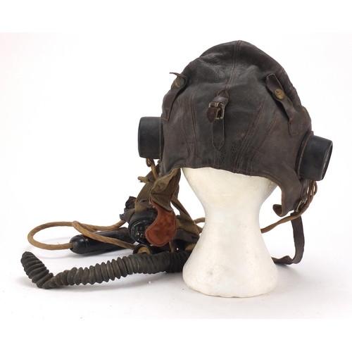 699 - British military World War II leather flying helmet and gas mask with box