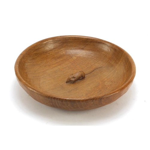 2 - Robert Mouseman Thompson adzed oak fruit bowl carved with a signature mouse, 29cm in diameter