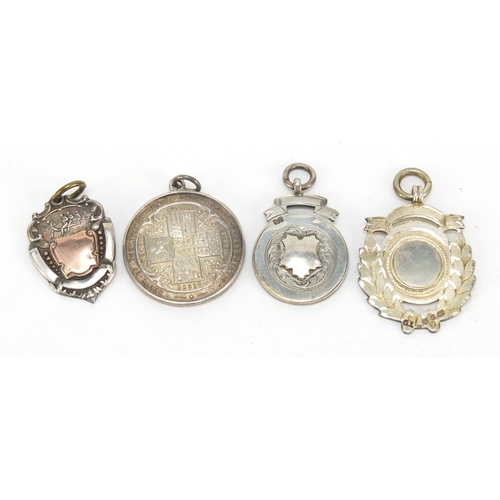 760 - Four silver jewels including South of the Thames Junior Cross Country Association, the largest 3.2cm... 