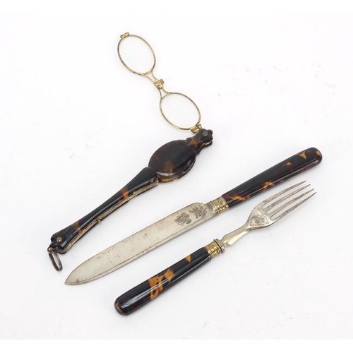 365 - Victorian tortoiseshell and gold coloured metal folding lorgnettes and a Victorian silver bladed kni... 