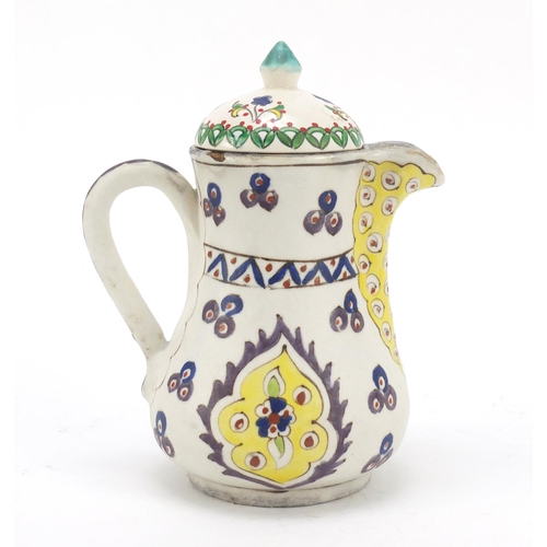 232 - Turkish Kutahya pottery coffee pot hand painted with flowers, 18cm high