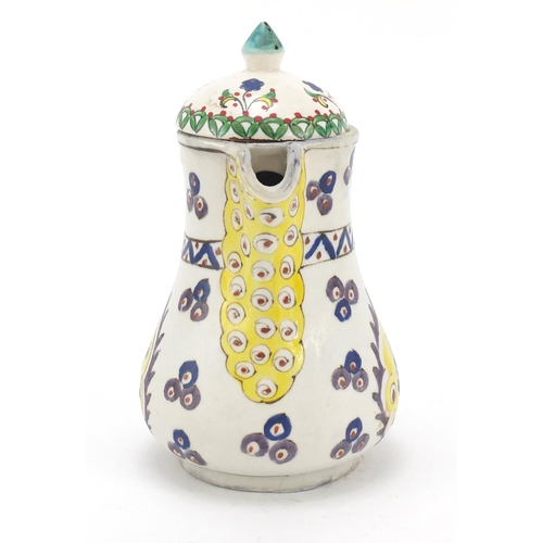 232 - Turkish Kutahya pottery coffee pot hand painted with flowers, 18cm high