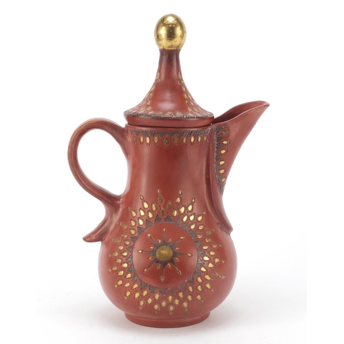 233 - Turkish Tophane terracotta water jug incised and painted with flower heads, 27cm high