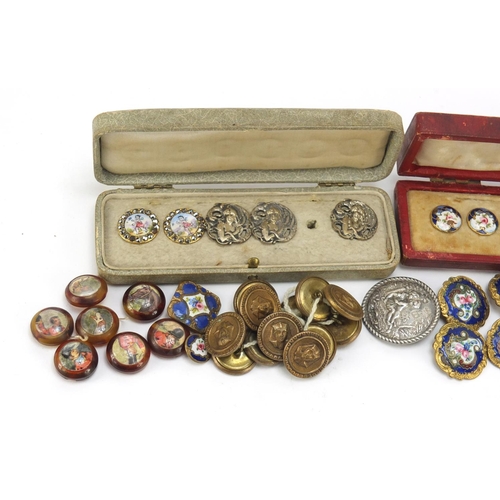 156 - 19th century and later buttons including a set of six French examples enamelled with flowers, pair w... 