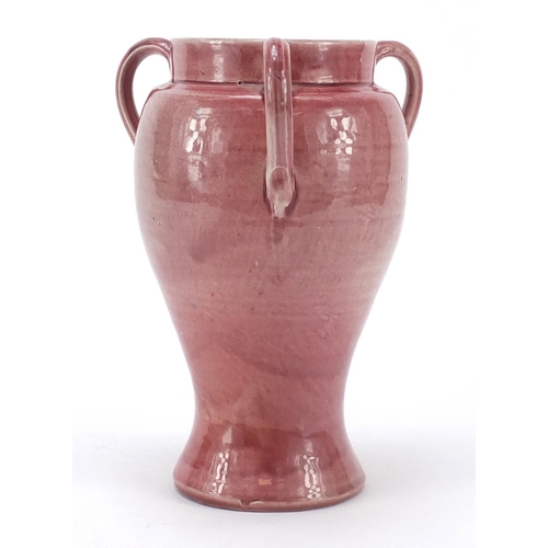 104 - Baron Barnstaple baluster three handled vase incised Watch and Pray, 21cm high