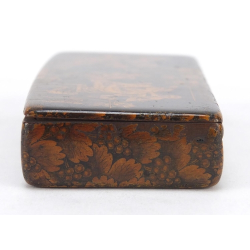 414 - 19th century lacquered treen snuff box, the hinged lid depicting a blind fiddley, 9.5cm wide